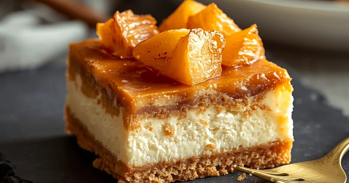 Barres fondantes aux pommes épicées, biscuit blond et crème au fromage
