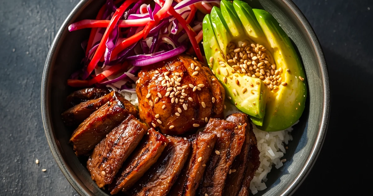Bol complet de bœuf mariné à la coréenne, riz parfumé et chou croquant