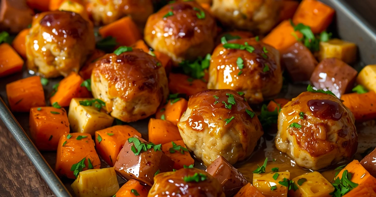Boulettes de dinde moelleuses et légumes racines rôtis au four