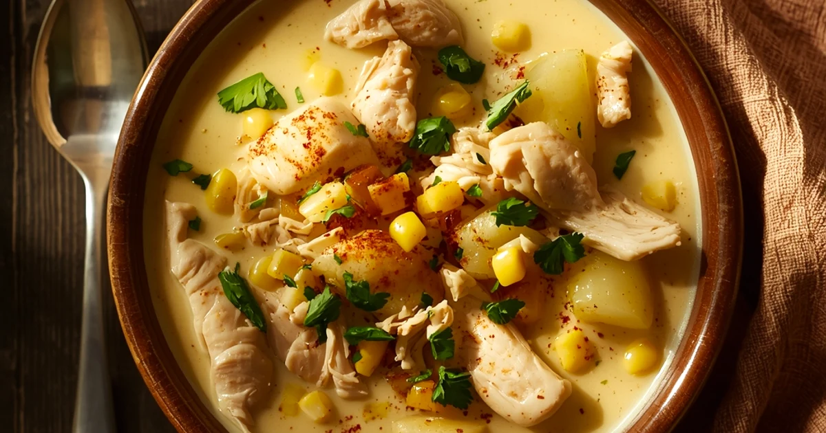 Chaudrée crémeuse au poulet, maïs doux et piments aux notes fumées