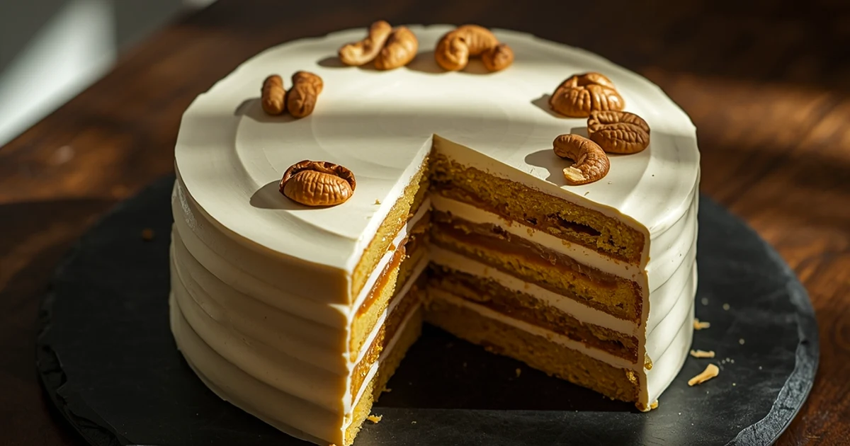Gâteau à étages au malt, vanille, caramel salé et noix de cajou