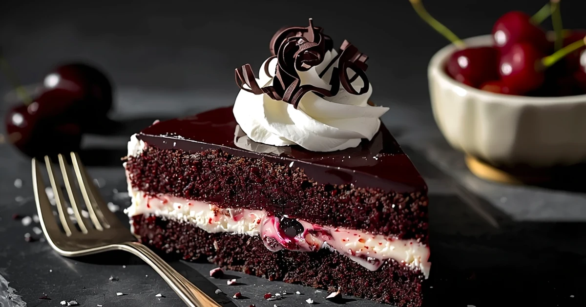 Gâteau forêt-noire rectangulaire aux cerises juteuses et crème fouettée