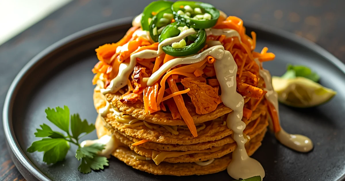 Mille-feuilles de galettes de maïs au poulet épicé et fromage