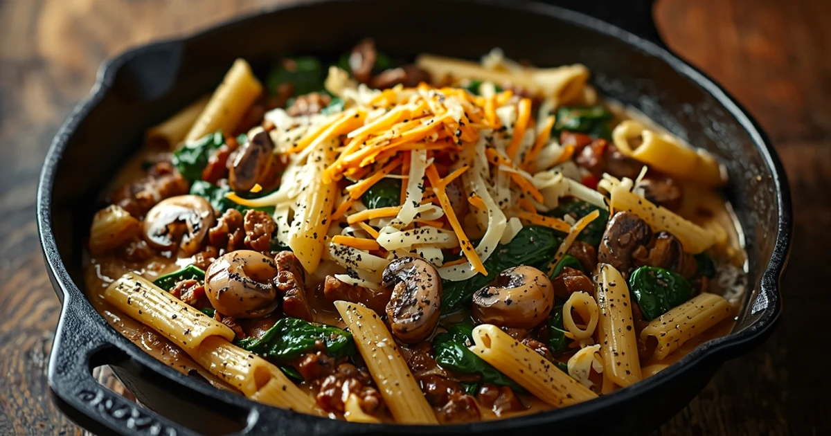 Pâtes crémeuses au bœuf haché, champignons et épinards fondants au fromage