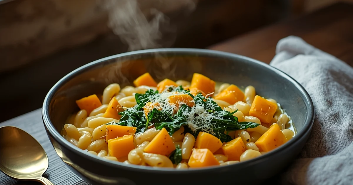 Pâtes orzo crémeuses à la courge doubeurre et chou frisé
