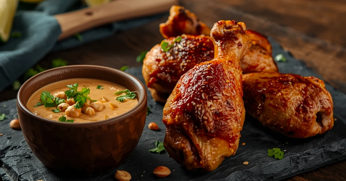 Pilons de poulet rôtis aux épices thaïes et leur sauce crémeuse aux cacahuètes