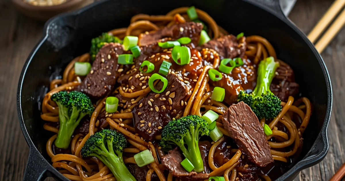Poêlée express de nouilles au bœuf fondant et brocoli sauce mongole