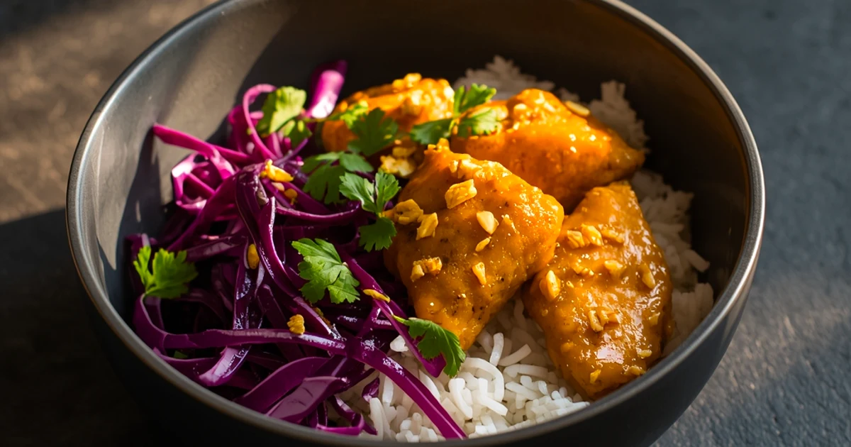 Poulet fondant à la sauce cacahuète, riz au coco et salade croquante au gingembre