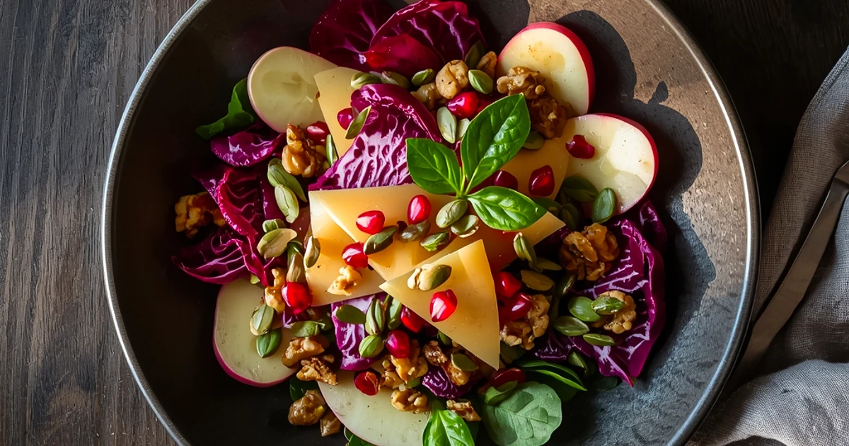 Salade automnale au radicchio croquant, pommes douces, grenade et gouda vieux