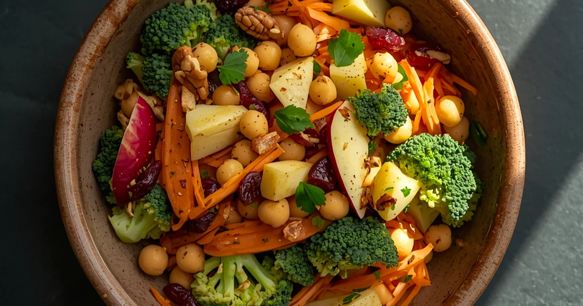 Salade croquante de brocoli, pois chiches et pommes à la vinaigrette miel moutarde