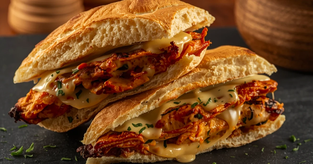 Sandwich croustillant au poulet épicé et fromage fondant à la poêle