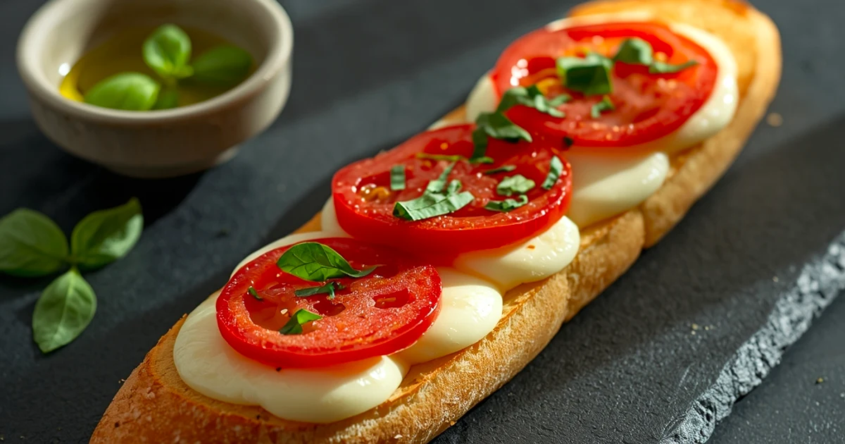 Tartine grillée à la tomate, mozzarella fondante et basilic frais