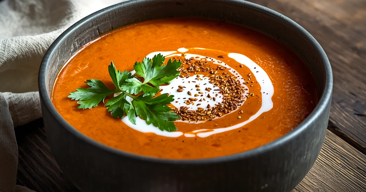 Velouté réconfortant de lentilles corail au lait de coco et tomates épicées
